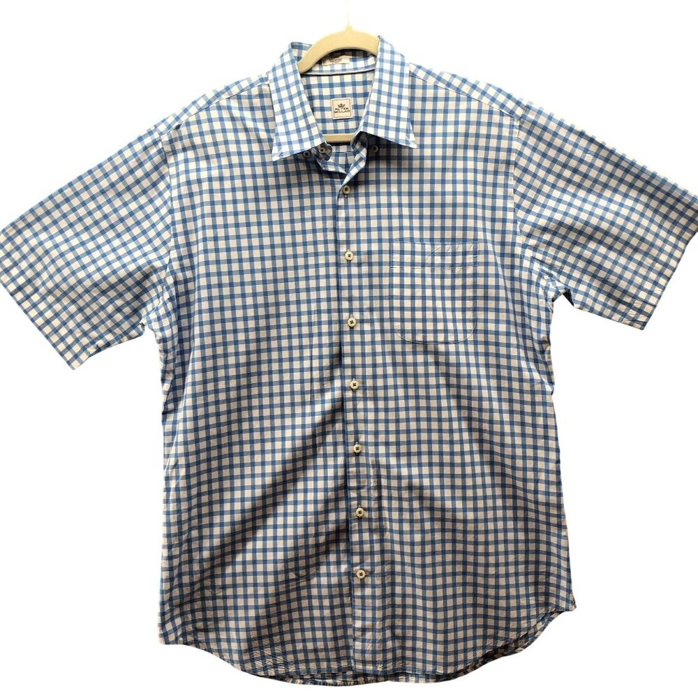 Peter Millar‎ Short Sleeve Button Down Shirt Mens L Blue White Gingham Cotton